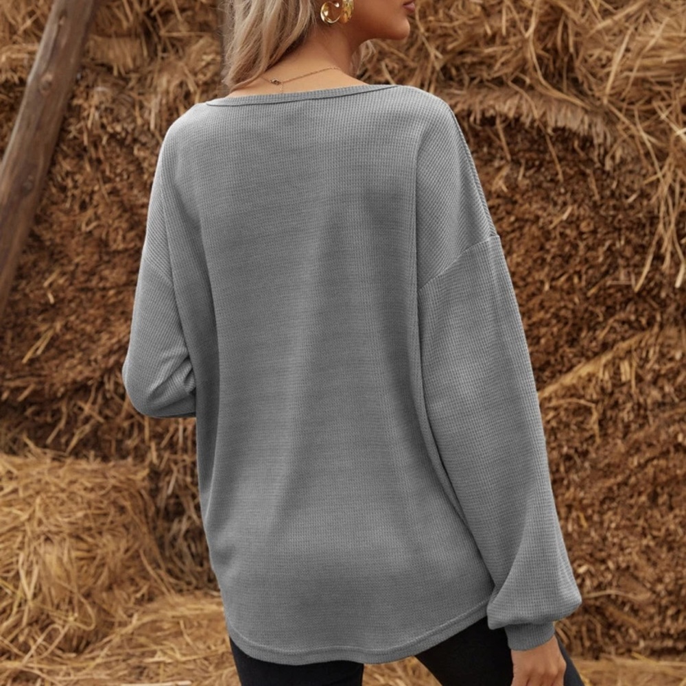 Waffle knit half placket button down henley long sleeve tee shirt boho oversized - Picture 9 of 14